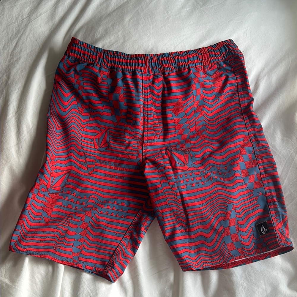 Volcom Boys Red and Navy Geometric Board Swim Shorts with Elastic Waistband